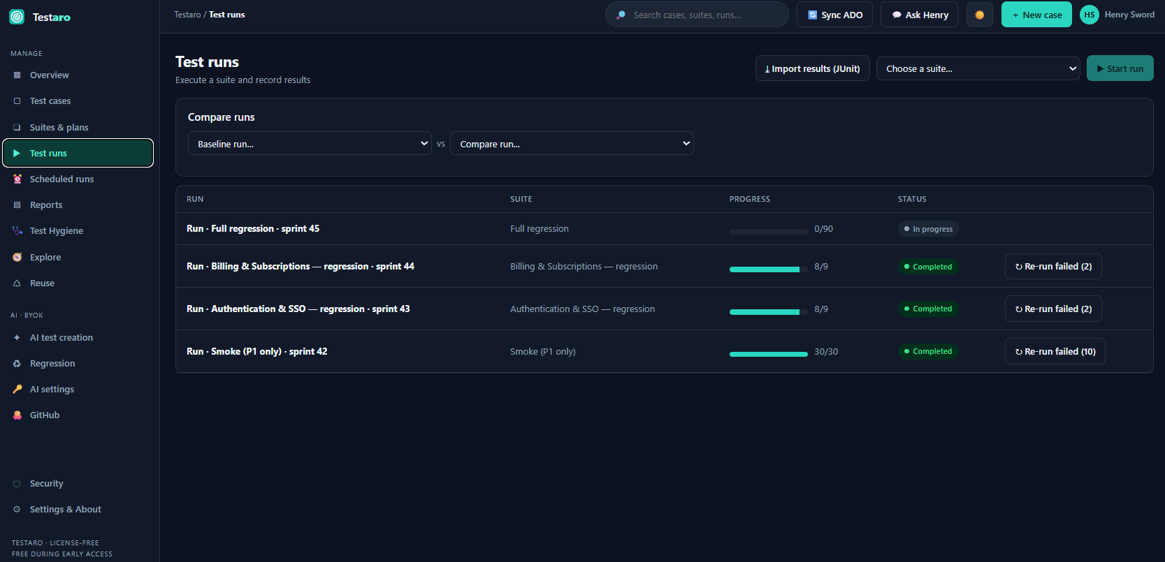 Runs — execute, compare, and re-run failures